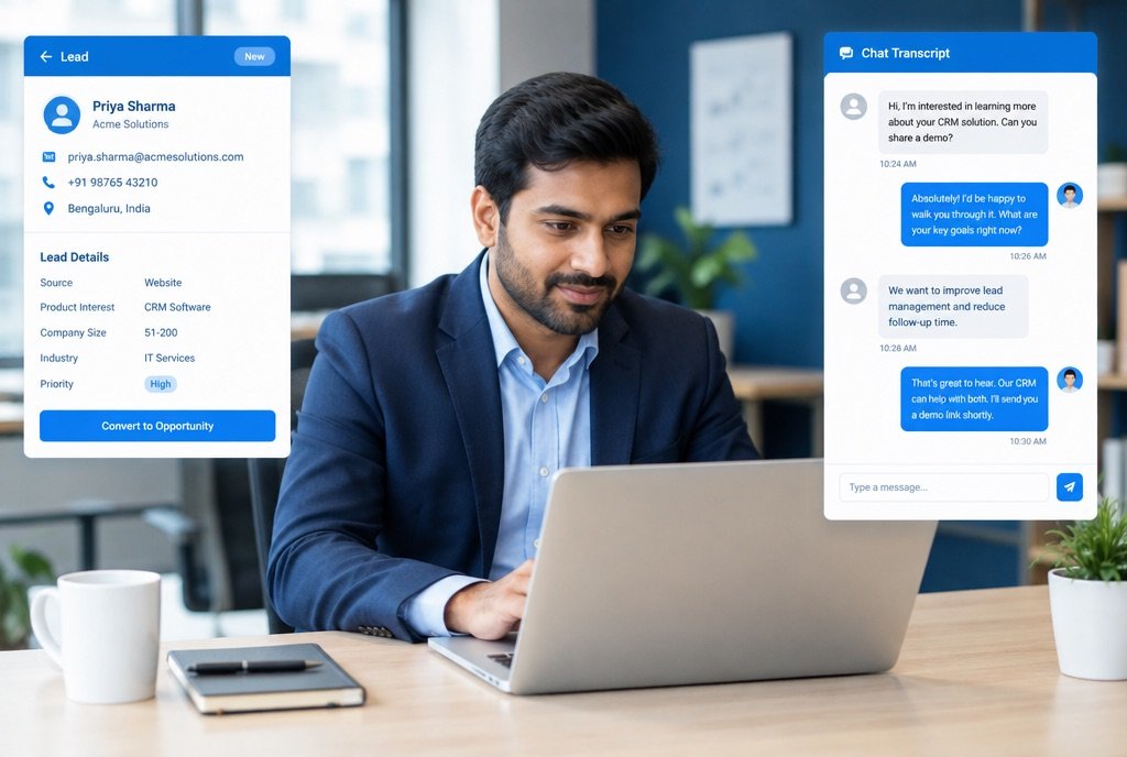 A sales manager's laptop with a CRM lead card and the chat transcript beside it