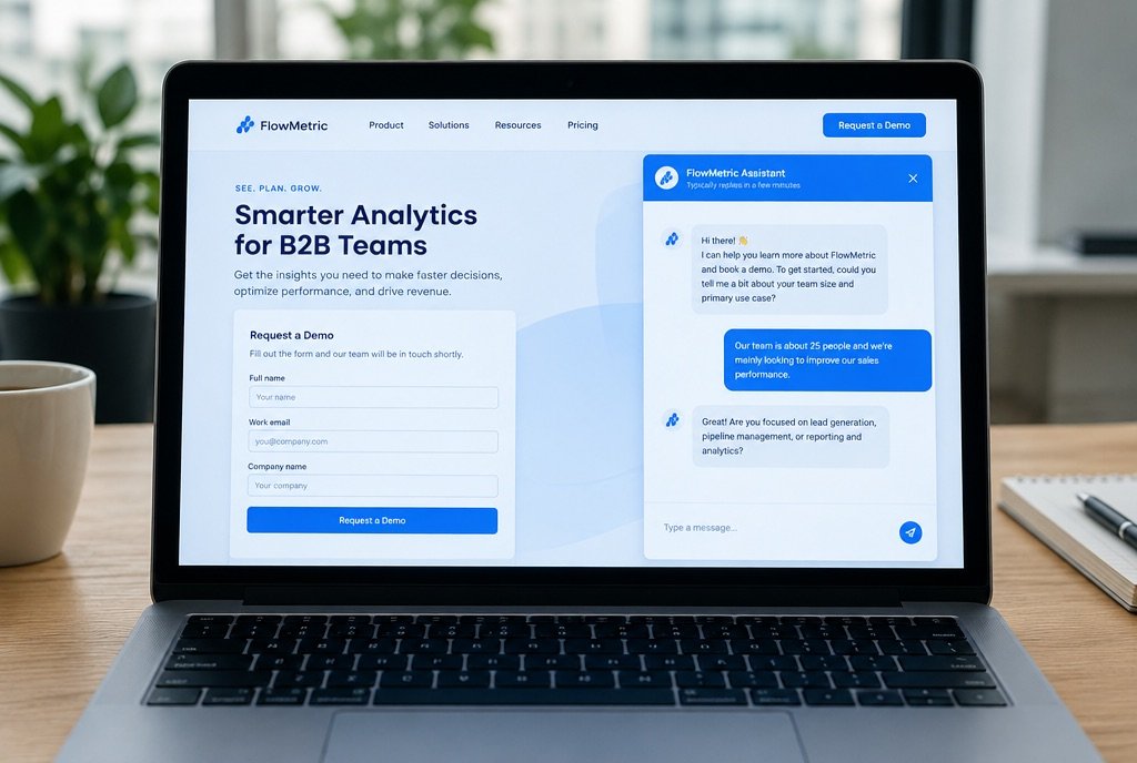 A website demo request form beside a chat asking about team size and use case