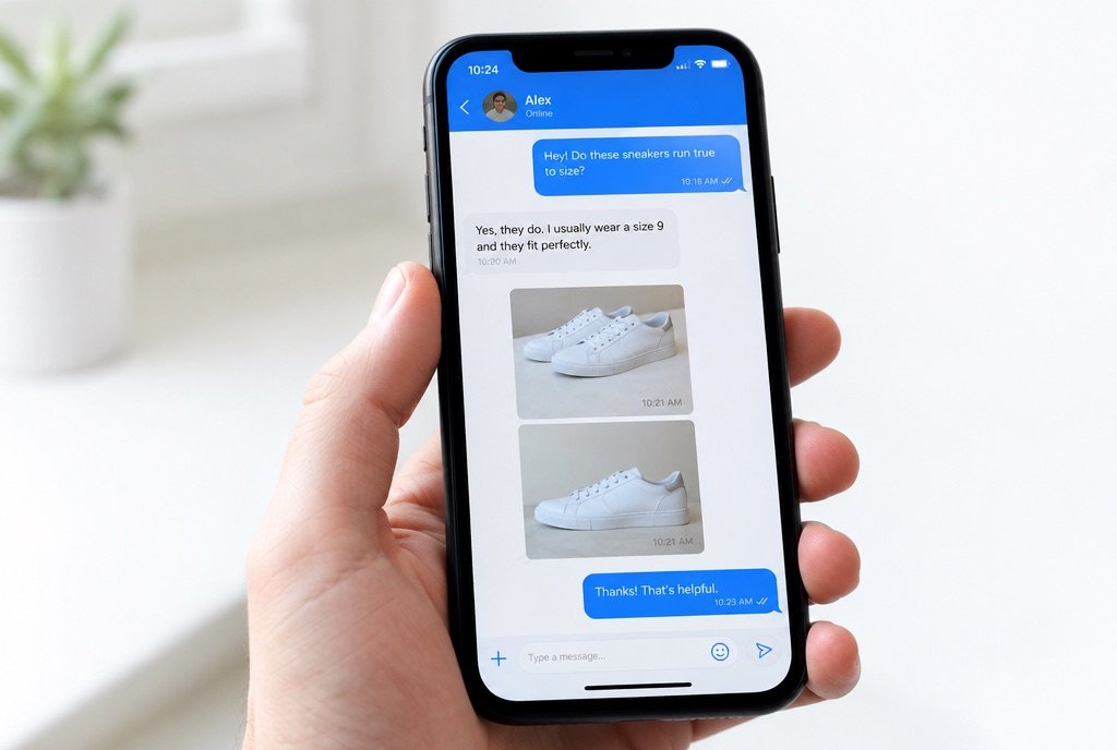 A phone showing a chat about shoe sizing with product photos shared in the thread
