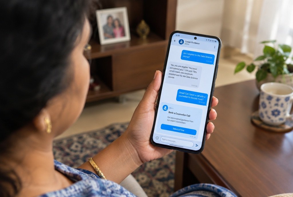 A parent's phone with a chat about course eligibility and a counsellor call booking