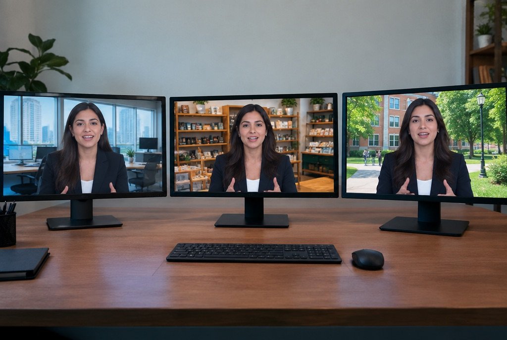 Three presenter videos in a row with the same script, different backgrounds