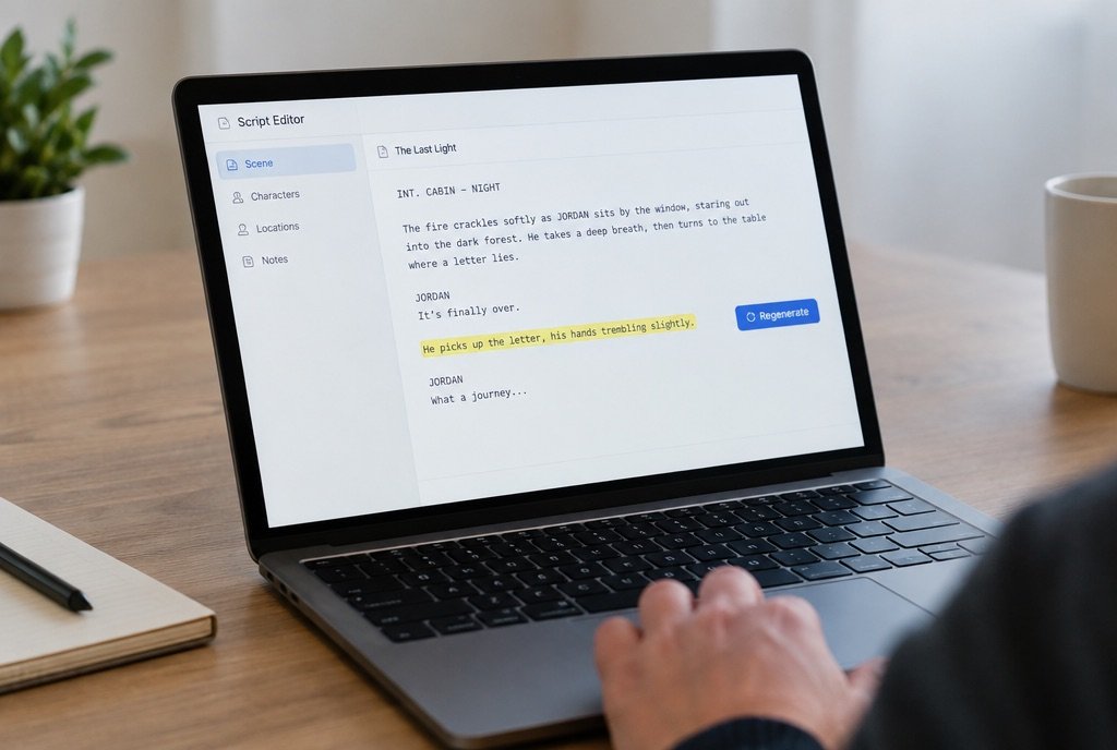 A script editor with one line highlighted and a regenerate button