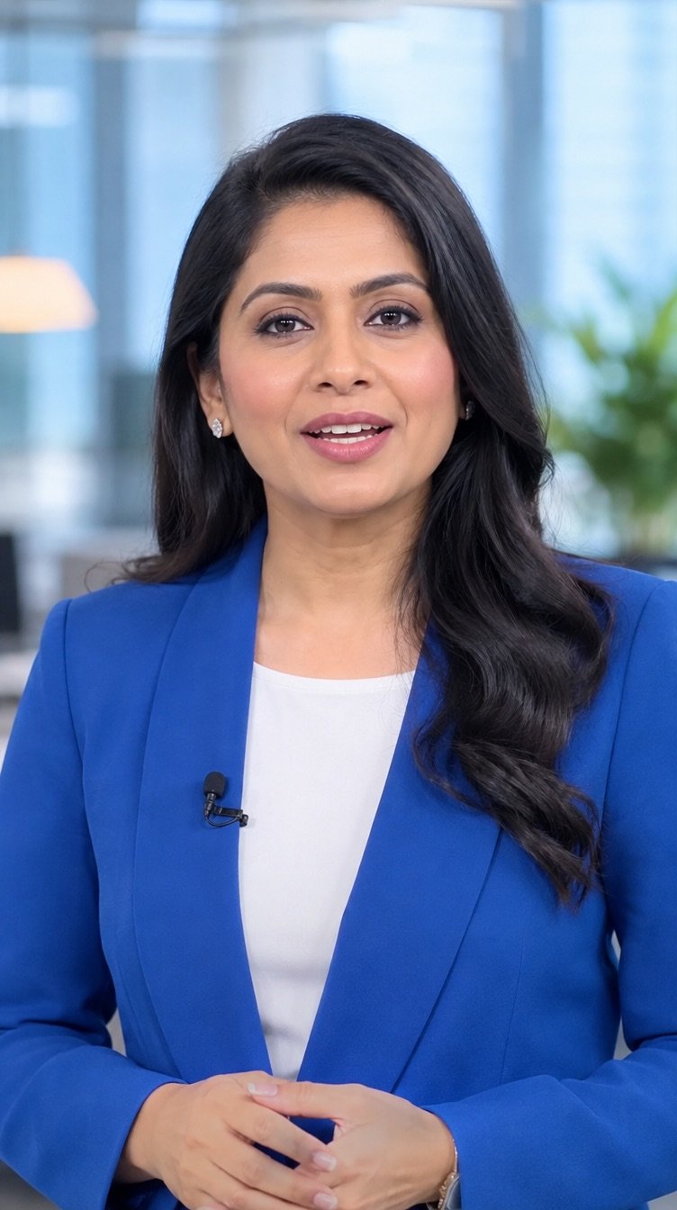 A presenter in a smart blue jacket speaking to camera in a bright studio with a soft blurred office behind