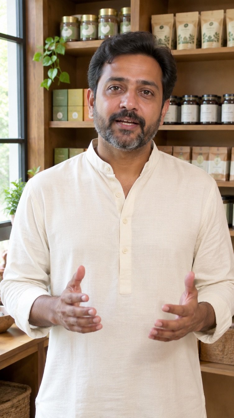 A presenter in a kurta speaking to camera in front of a warm shop shelf