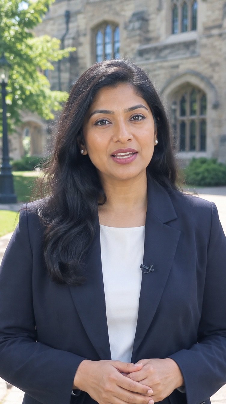 A presenter in a blazer speaking to camera with a campus building in the background