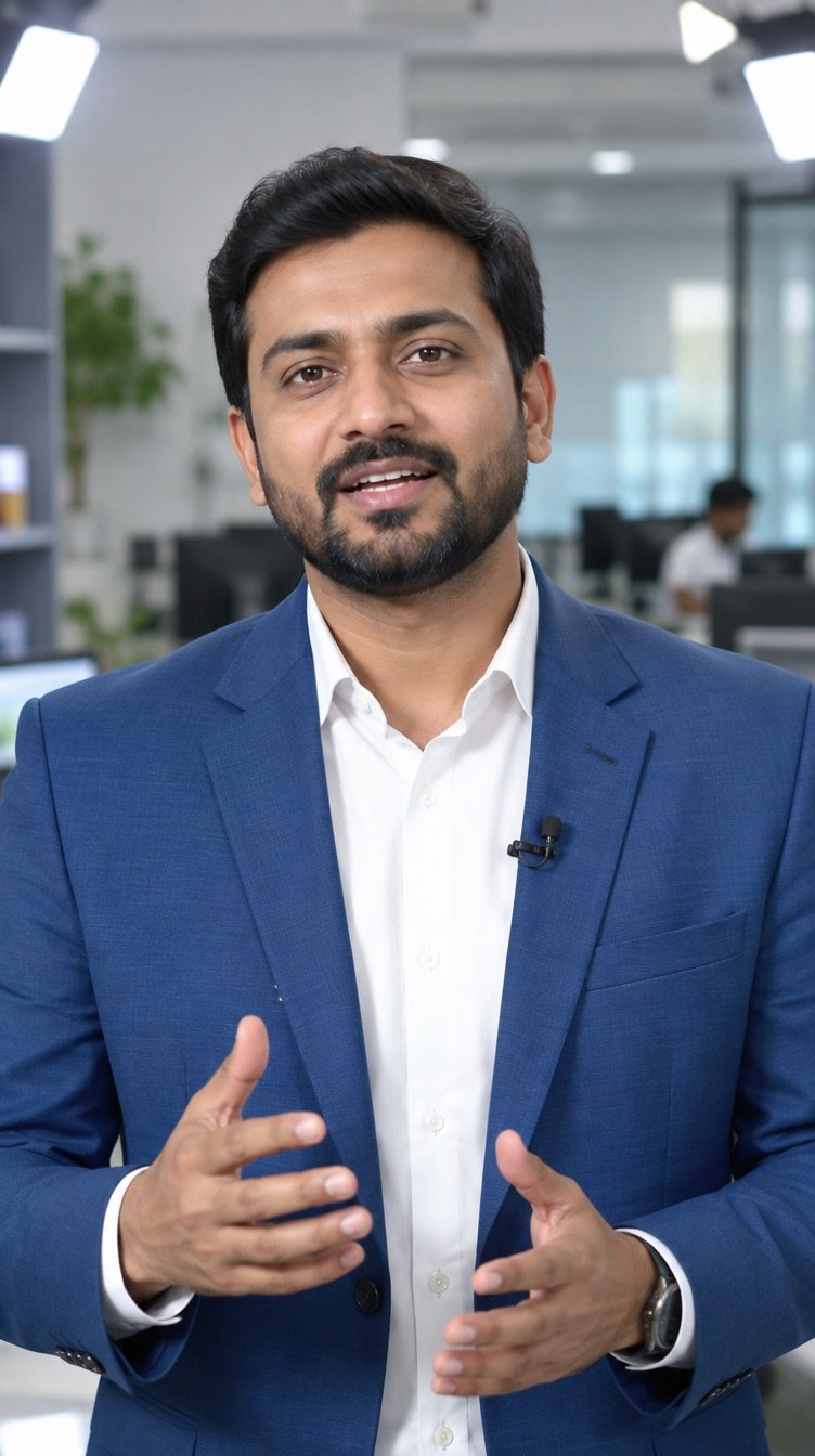 A presenter in a smart blue jacket speaking to camera in a bright studio with a soft blurred office behind, from a different angle