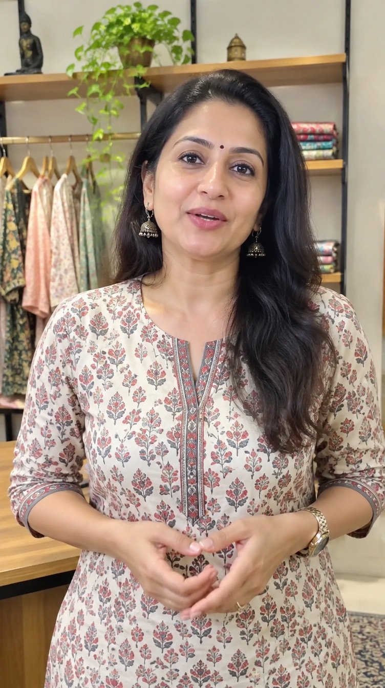 A presenter in a kurta speaking to camera in front of a warm shop shelf, from a different angle
