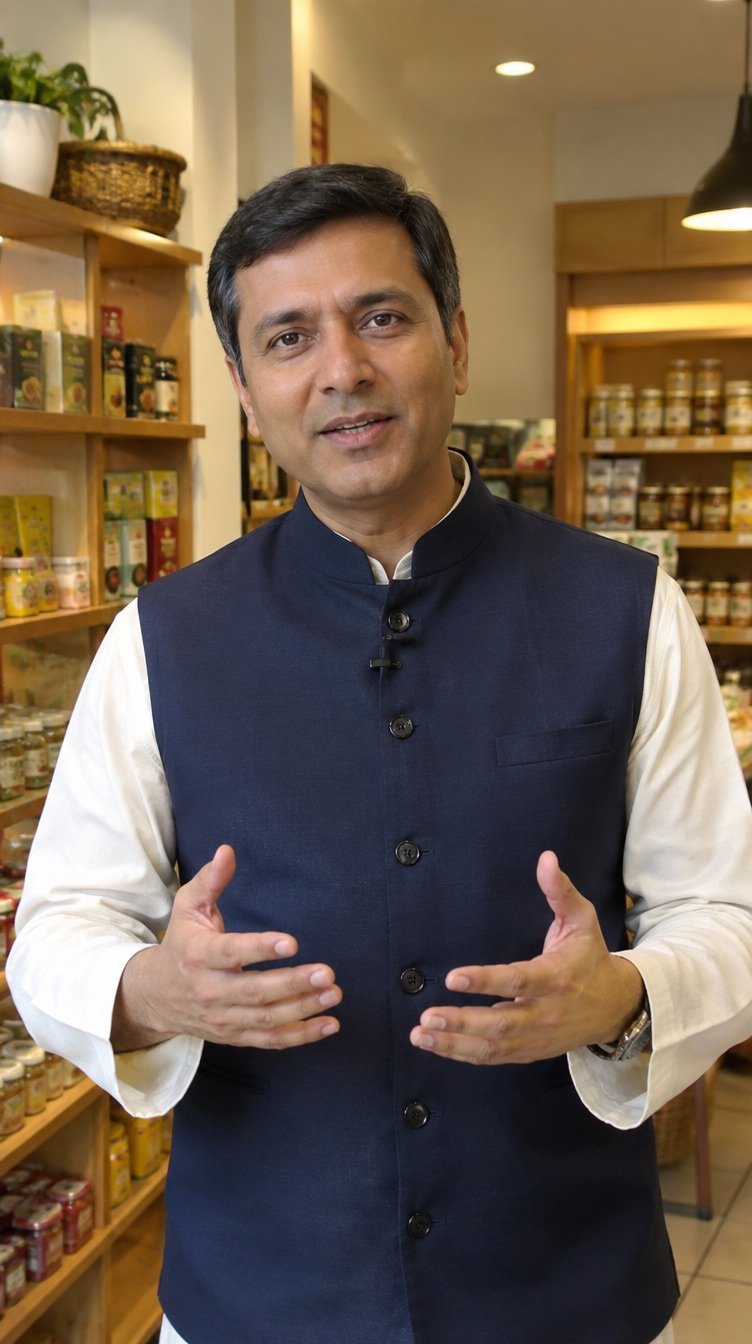 Vertical clip frame 1: A presenter in a kurta speaking to camera in front of a warm shop shelf