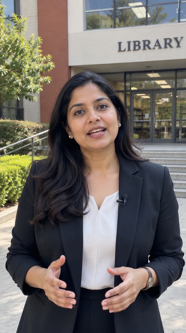 Vertical clip frame 2: A presenter in a blazer speaking to camera with a campus building in the background