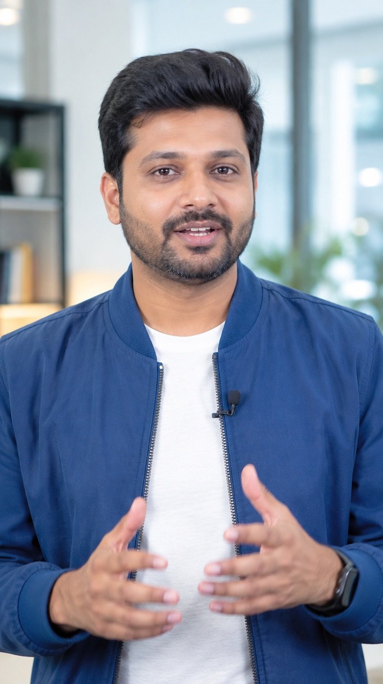 Vertical clip frame 3: A presenter in a smart blue jacket speaking to camera in a bright studio with a soft blurred office behind
