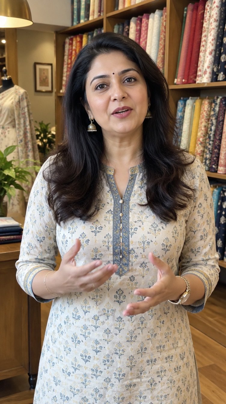 Vertical clip frame 4: A presenter in a kurta speaking to camera in front of a warm shop shelf