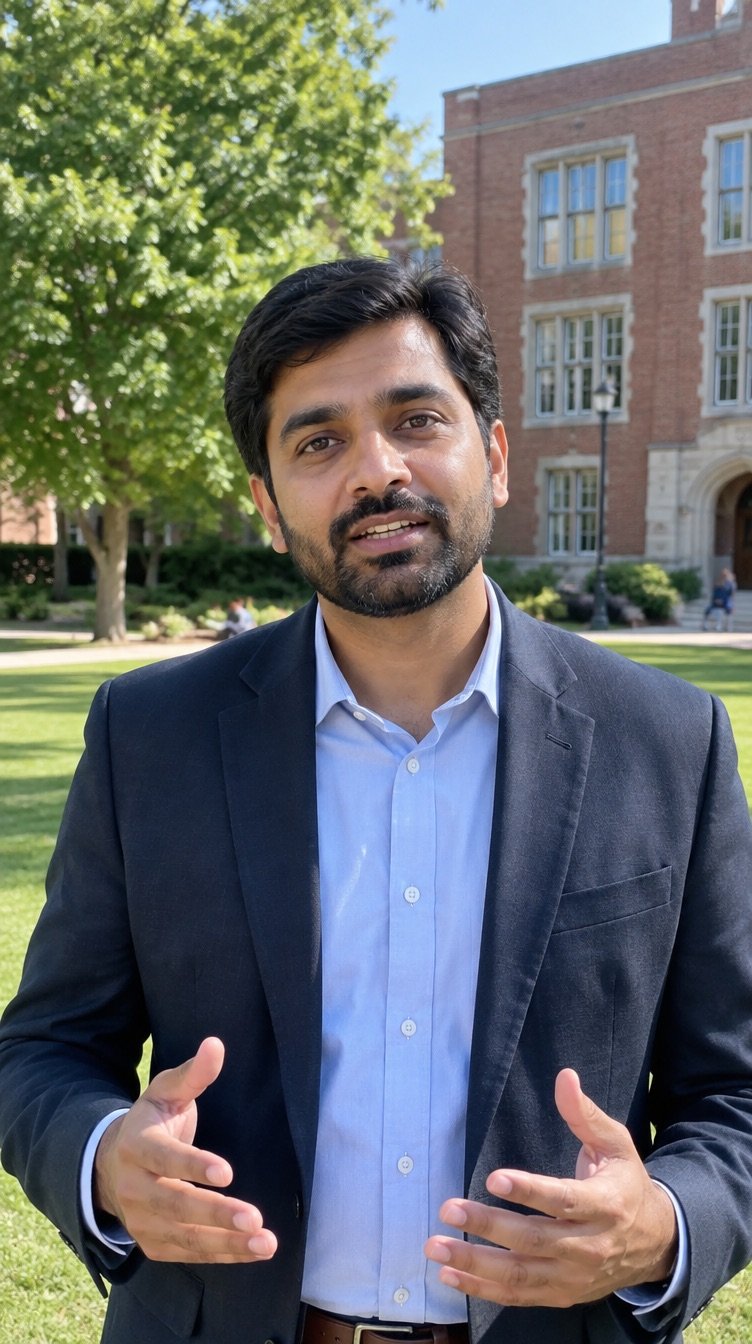 Vertical clip frame 5: A presenter in a blazer speaking to camera with a campus building in the background