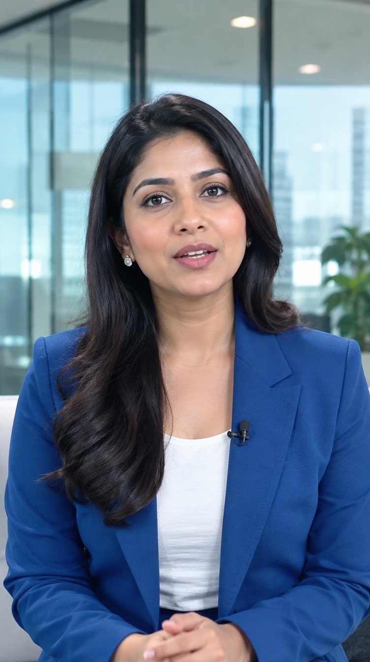 Vertical clip frame 6: A presenter in a smart blue jacket speaking to camera in a bright studio with a soft blurred office behind