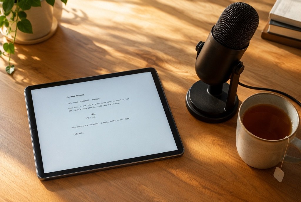 A script on a tablet beside a microphone and a cup of tea