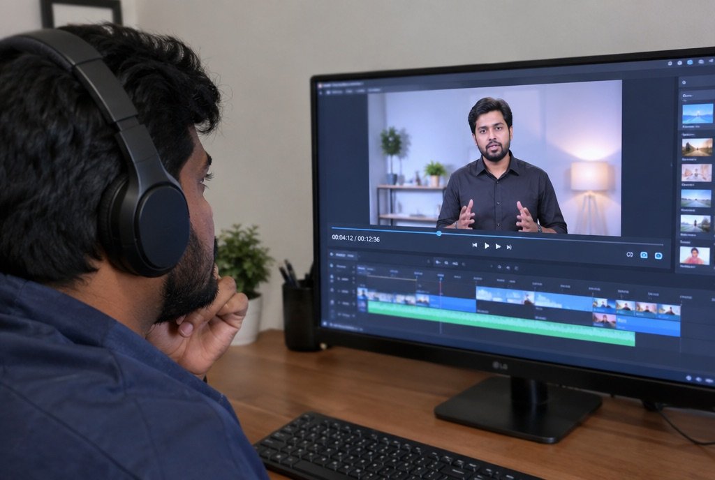 A reviewer watching a presenter video on a monitor with playback controls