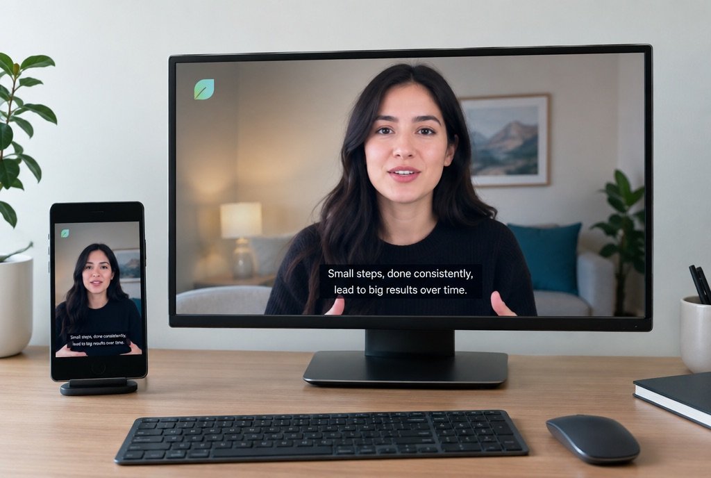 A finished presenter video with captions and logo shown in phone and wide formats