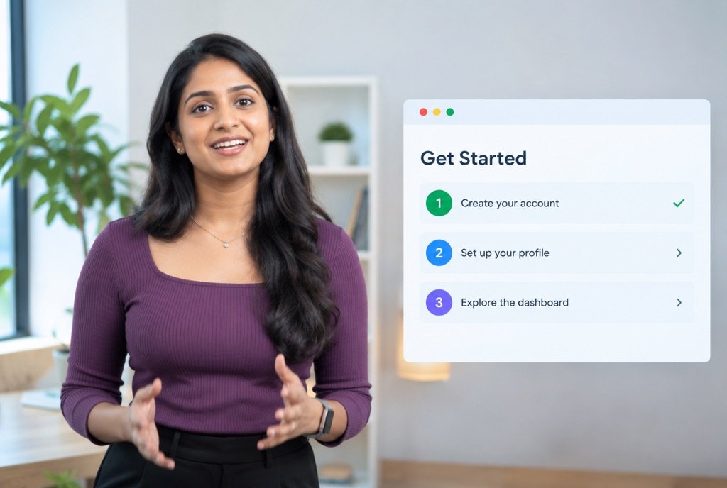 A presenter next to a software screenshot with an onboarding checklist
