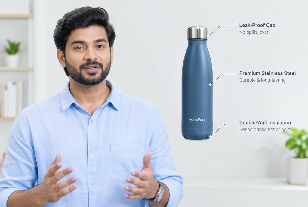 A presenter beside a floating product with three feature callouts