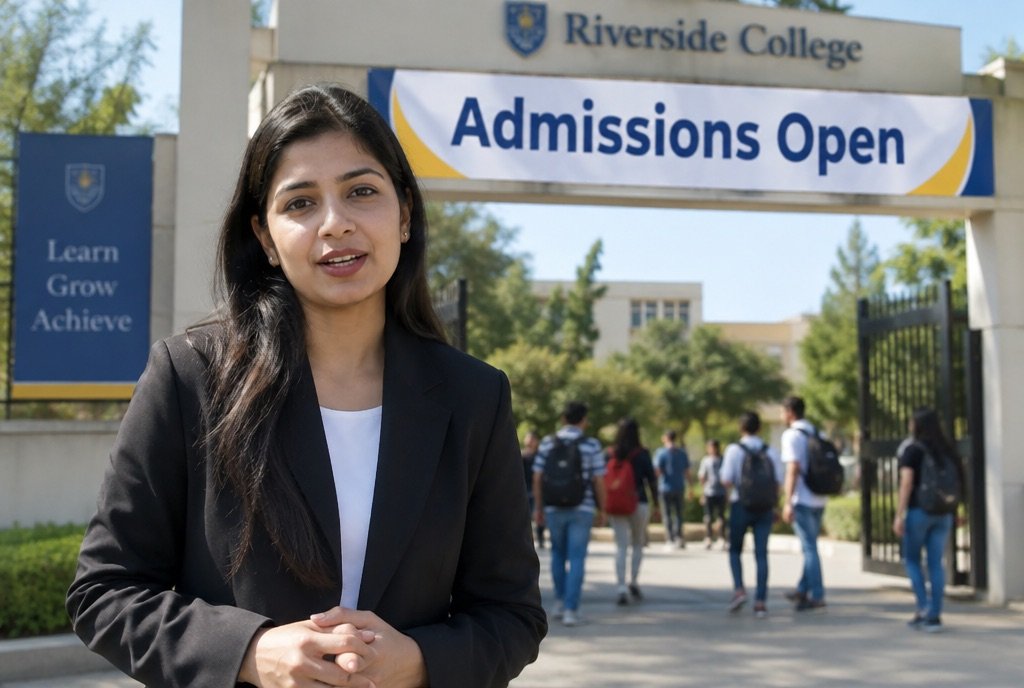 A presenter in front of a campus banner reading Admissions Open