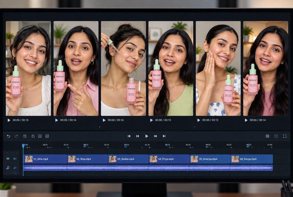 Six vertical clip thumbnails in a row, each with a different presenter