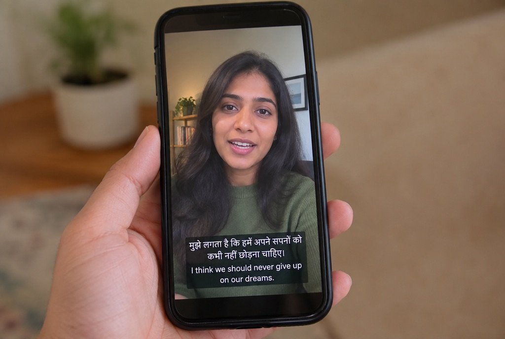 A phone screen with captions in Hindi and English over a talking clip