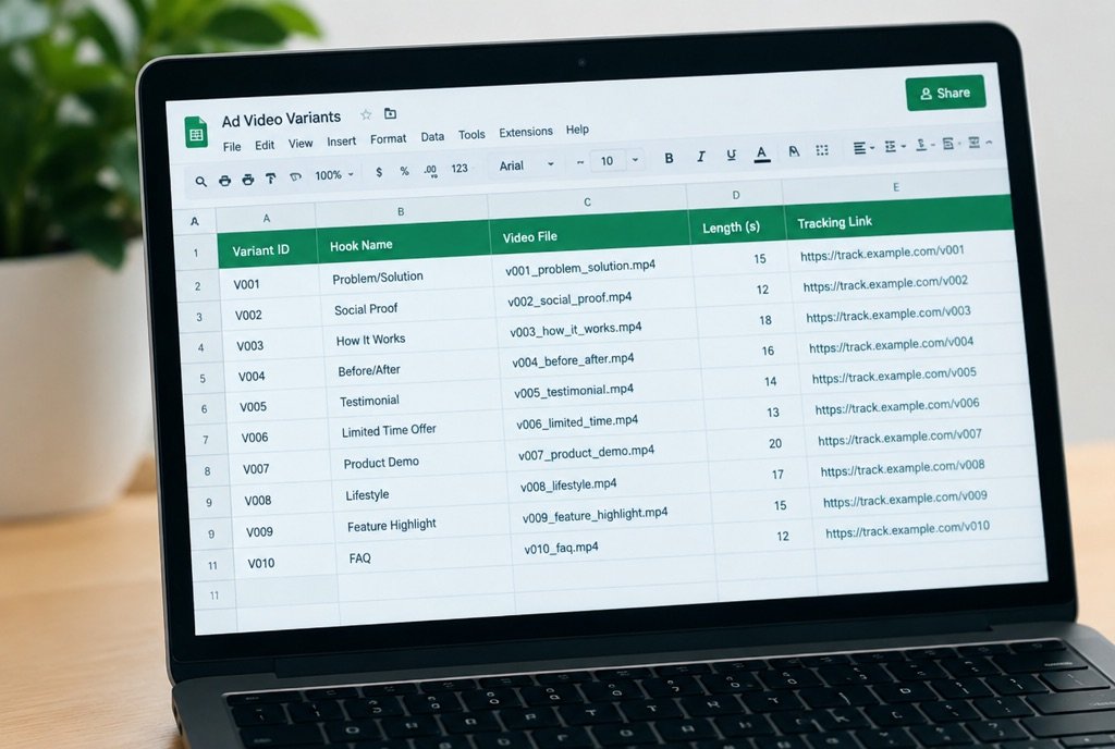 A spreadsheet of ad variants with hook names and a tracking column