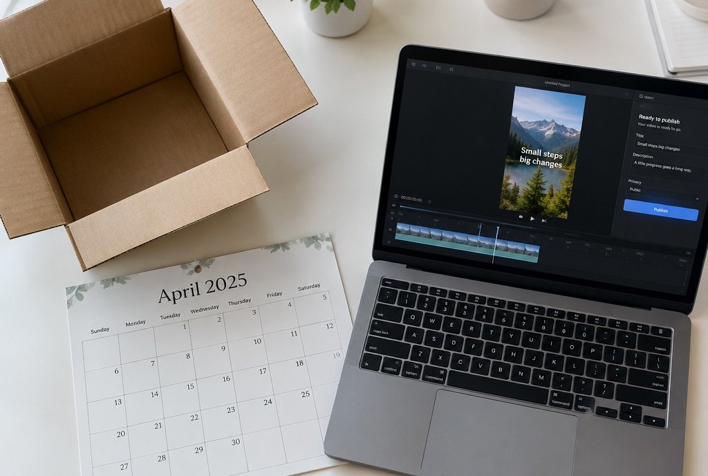 An empty courier box and a calendar, crossed out, beside a finished video