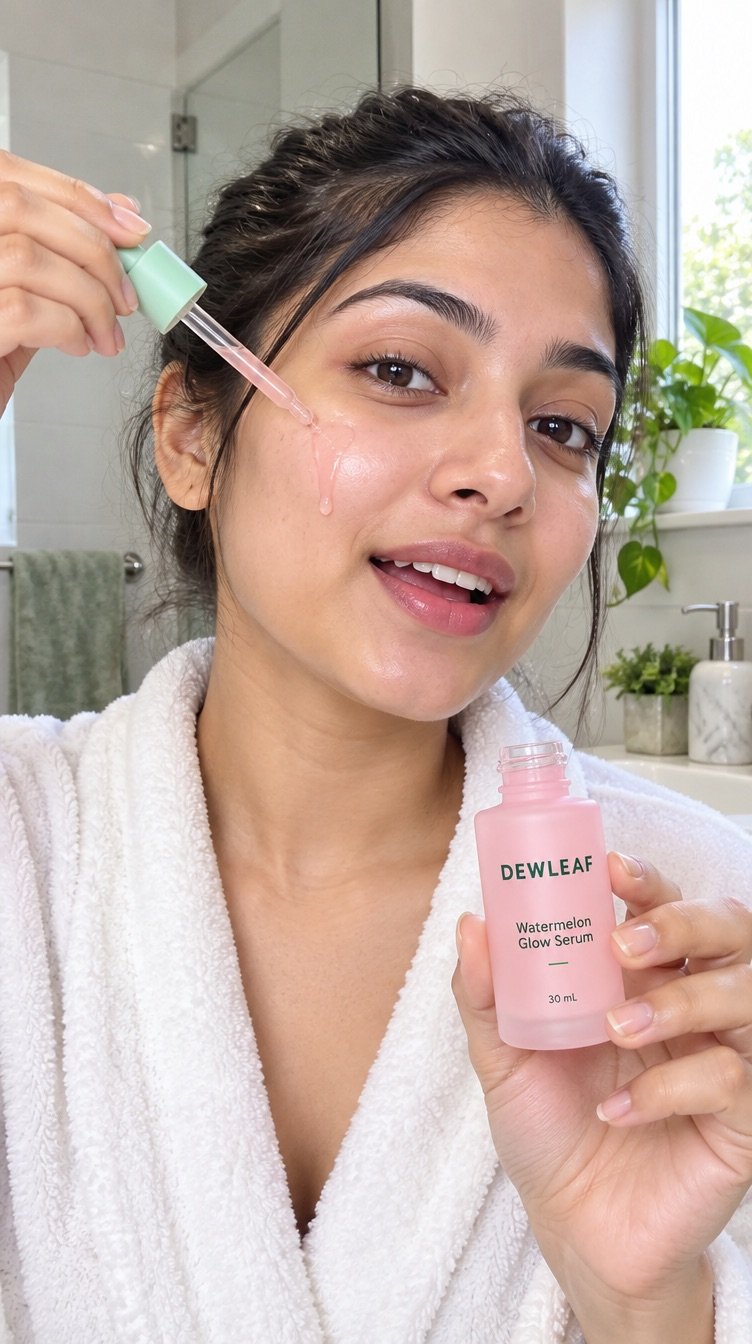 A woman applying the DEWLEAF serum in a bright bathroom, talking to camera, vertical phone framing