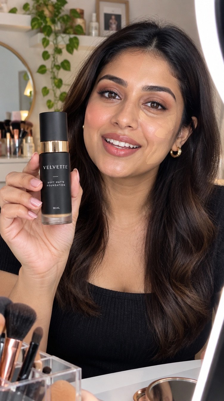 A makeup creator at a ring-lit vanity holding the VELVETTE foundation up to camera