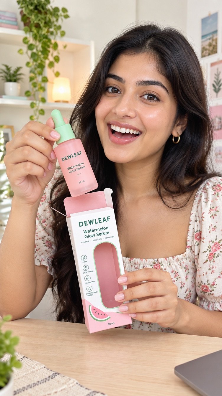A creator unboxing the DEWLEAF serum box at a desk, smiling to camera