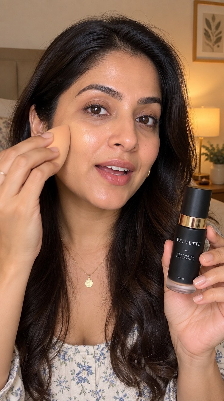 A woman applying the DEWLEAF serum in a bright bathroom, talking to camera, vertical phone framing, from a different angle