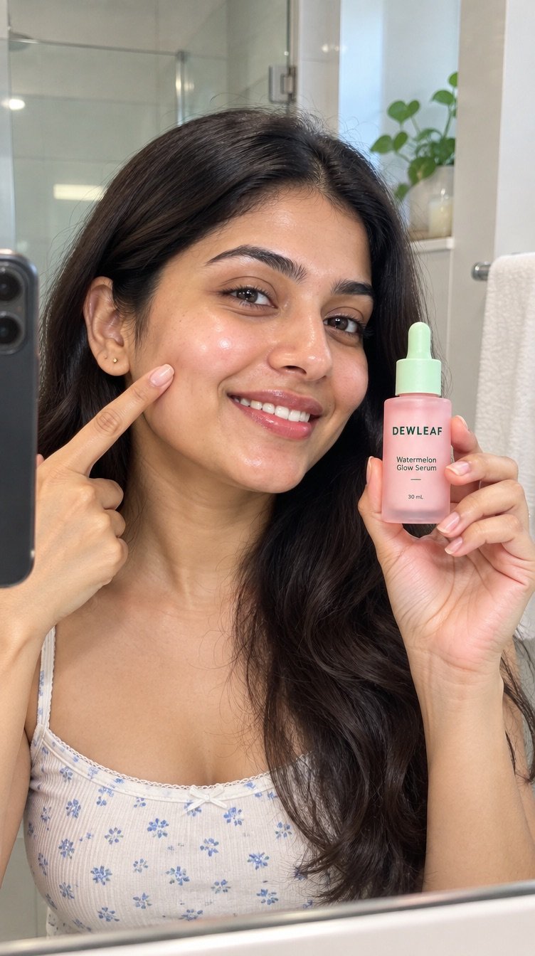 Vertical clip frame 2: A creator unboxing the DEWLEAF serum box at a desk, smiling to camera