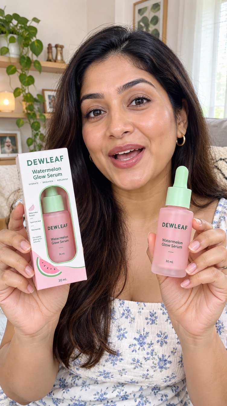 Vertical clip frame 5: A creator unboxing the DEWLEAF serum box at a desk, smiling to camera
