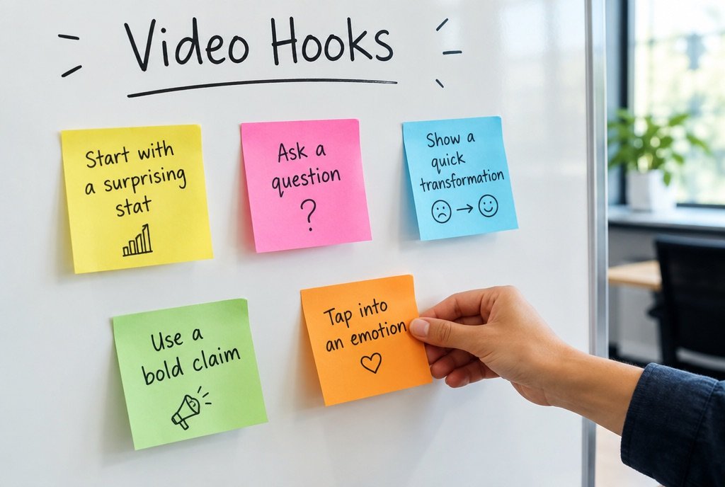 A whiteboard with five hook ideas written on sticky notes