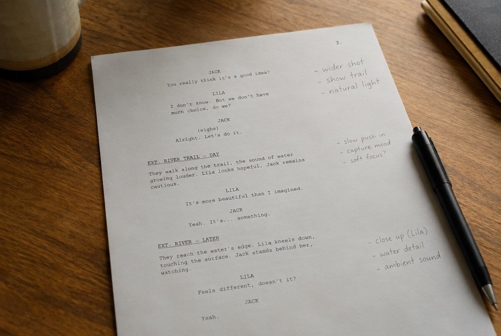A script page with spoken-style lines and camera notes