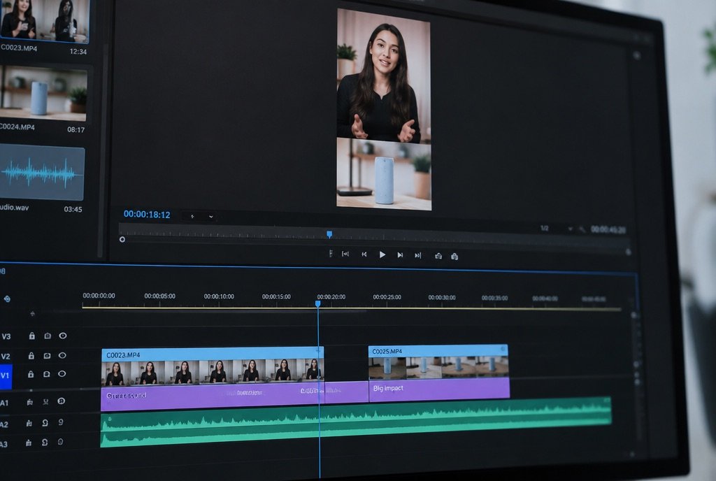 A vertical video timeline with a presenter, subtitle track and product cutaway