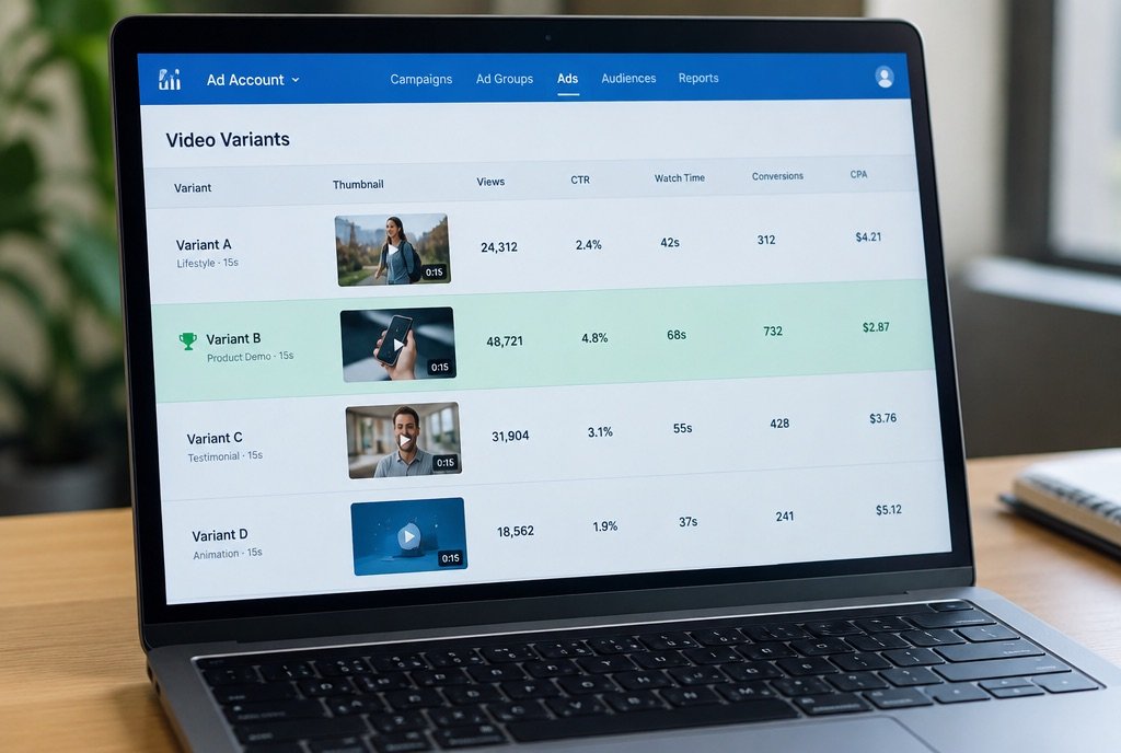An ad account table with four video variants and one highlighted as the winner