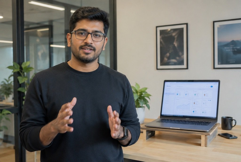 A person at a standing desk speaking to camera about a software workflow