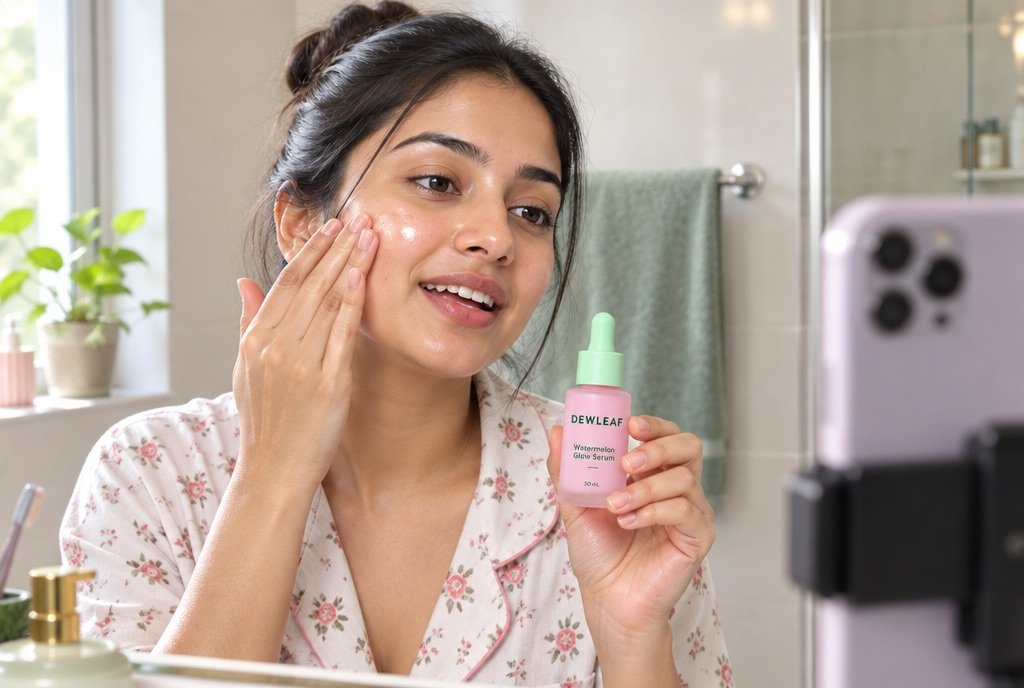 A woman applying a face serum at a mirror.
