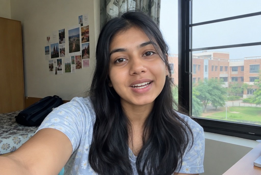 A student in a hostel room talking to camera, campus visible through the window