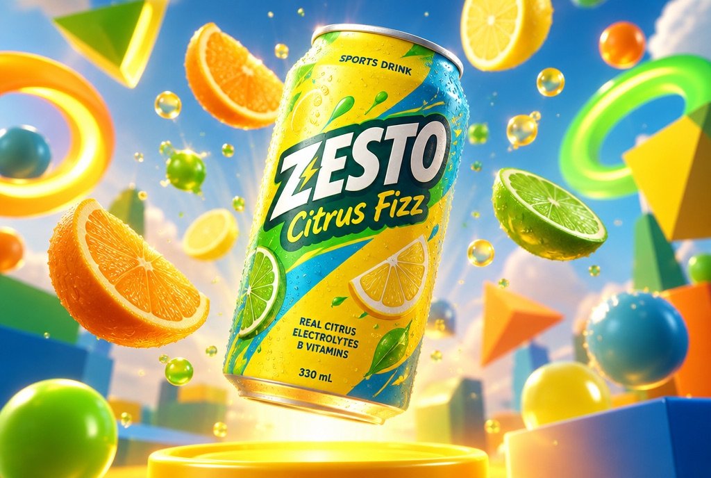 A single product floating in a colourful 3D world, lit from below
