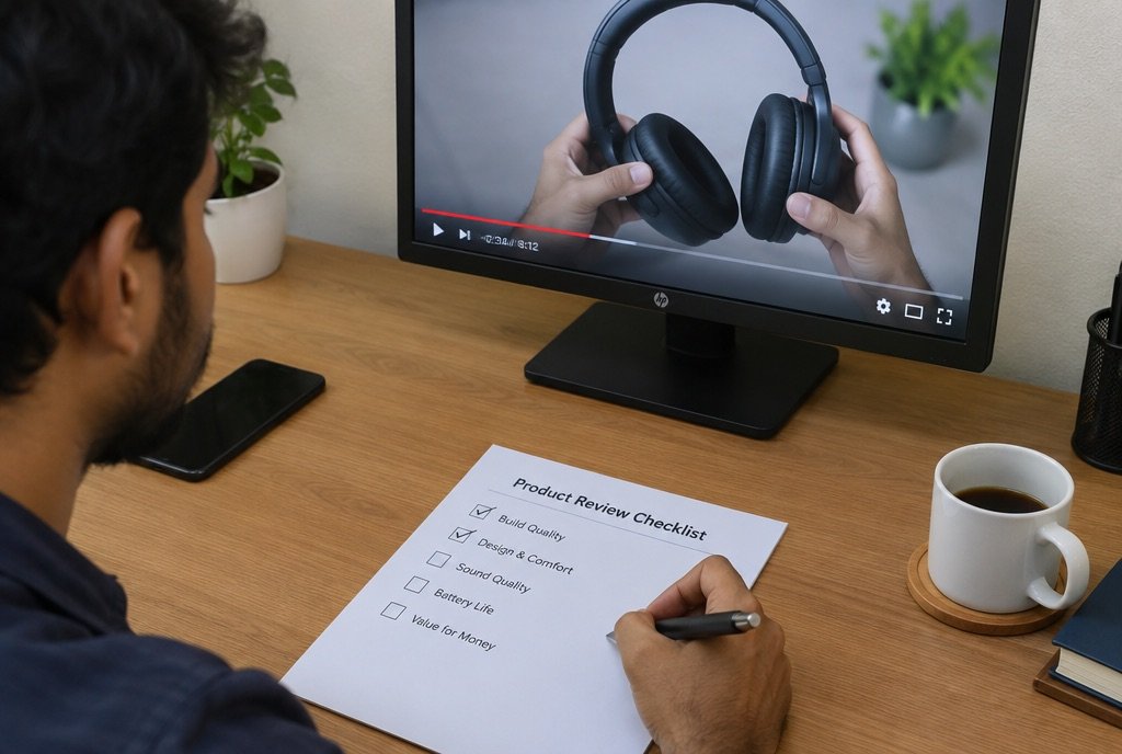 A reviewer's desk with a checklist beside a monitor paused on a video frame