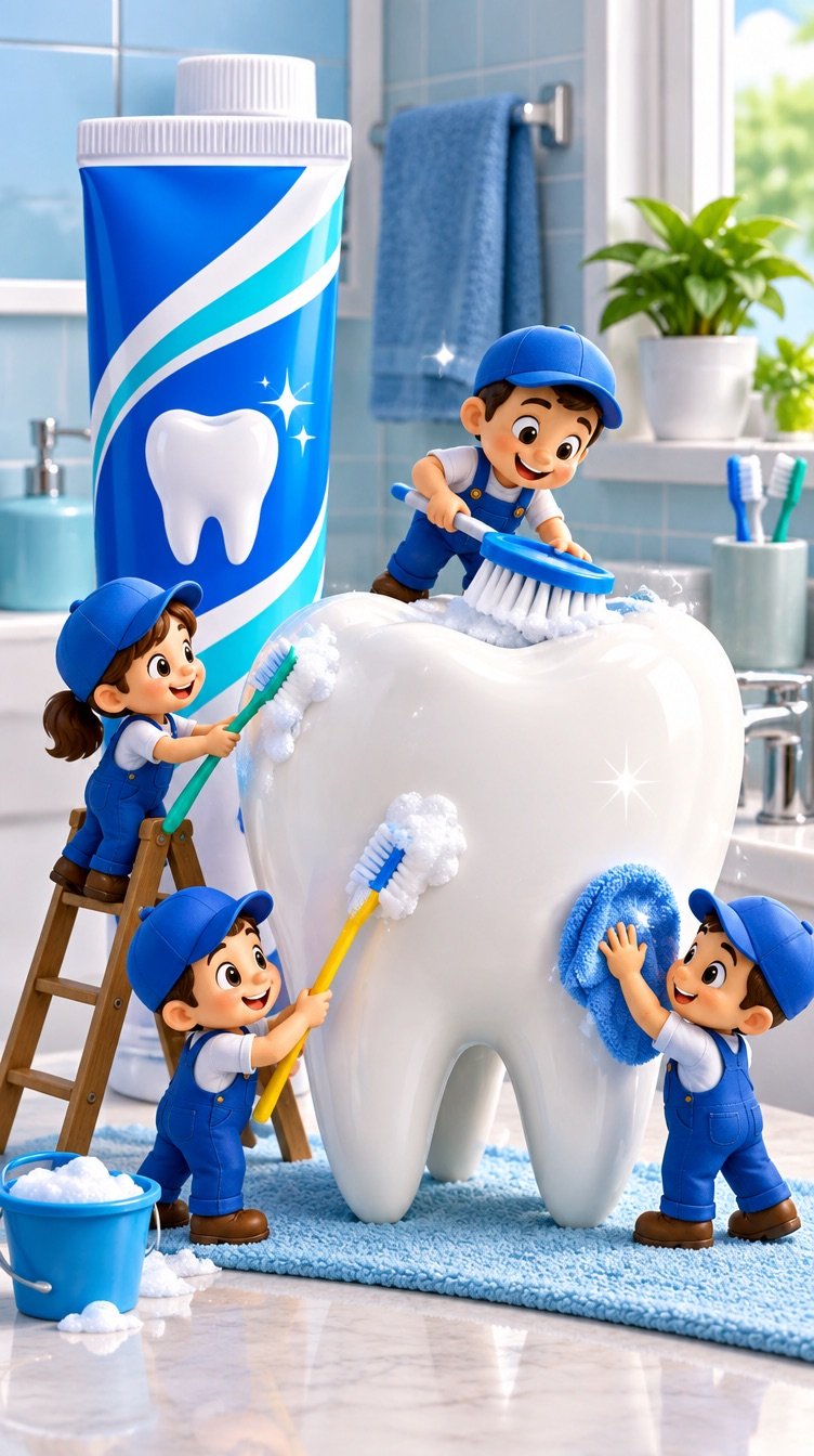 A vertical frame of a toothpaste tube with tiny cartoon workers polishing a giant tooth