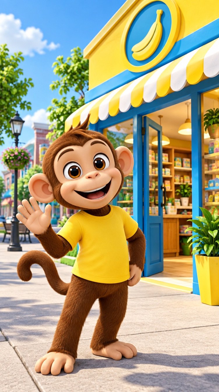 An animated mascot character waving beside a brand storefront