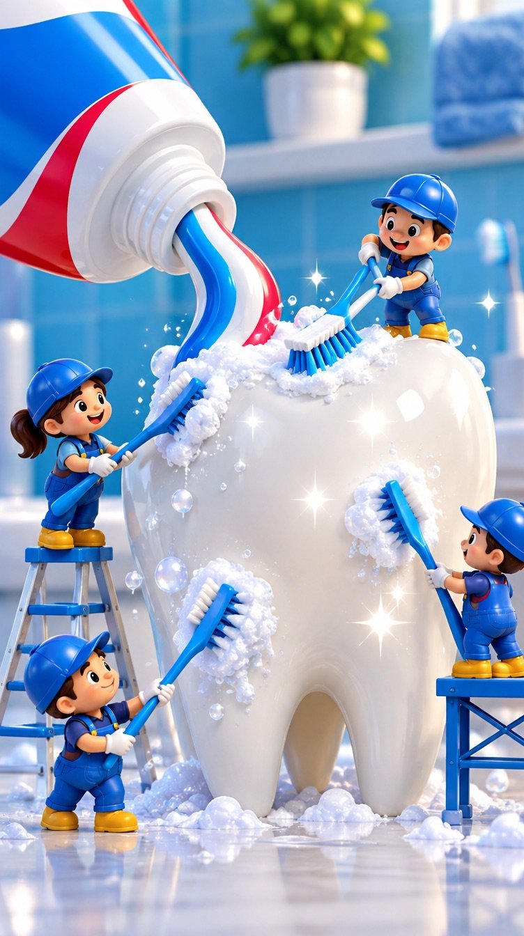 A vertical frame of a toothpaste tube with tiny cartoon workers polishing a giant tooth, from a different angle