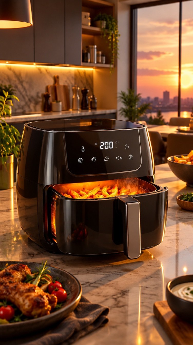 A 3D-rendered modern kitchen with a slow camera push toward a glowing appliance, from a different angle