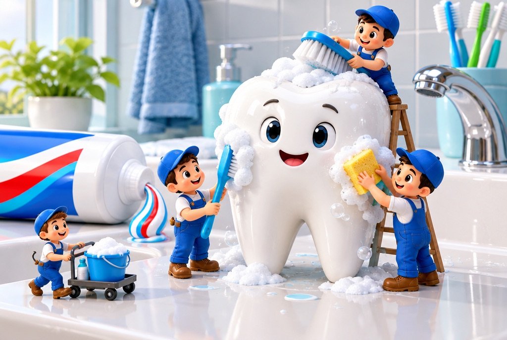 A vertical toothpaste ad frame: tiny cartoon workers scrubbing a giant tooth