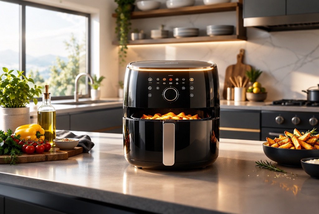 A 3D-rendered kitchen with a slow push-in on a glowing appliance