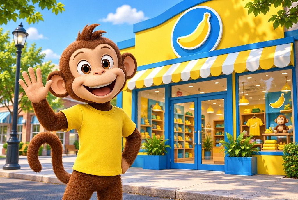 A cartoon mascot waving beside a colourful brand storefront