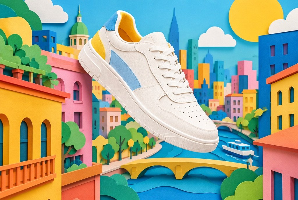 A sneaker floating through a bright paper-cut city, product close-up